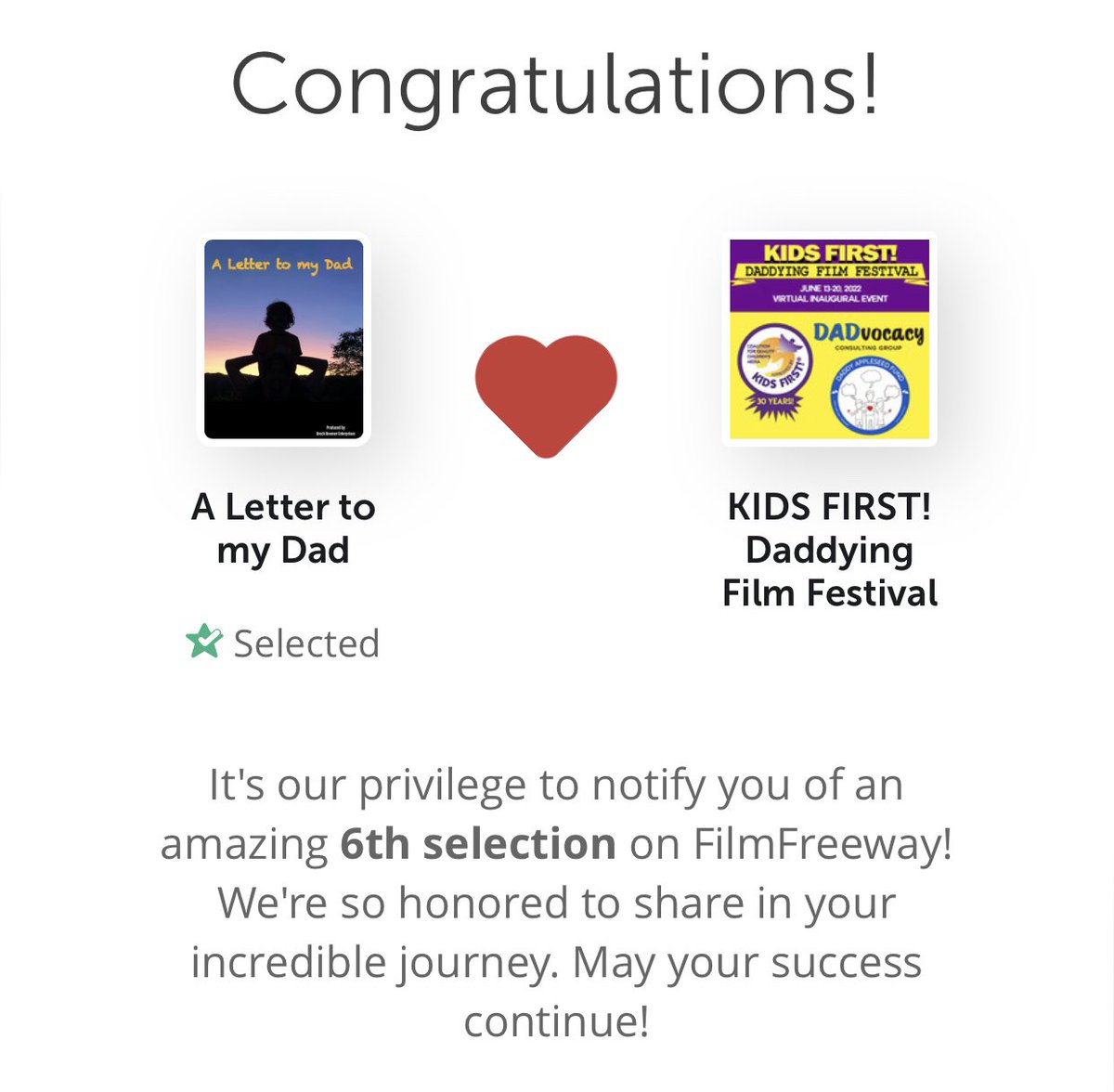 Amazing news! A Letter to my Dad was just selected as a FINALIST by KIDS FIRST! Daddying Film Festival via FilmFreeway.com!