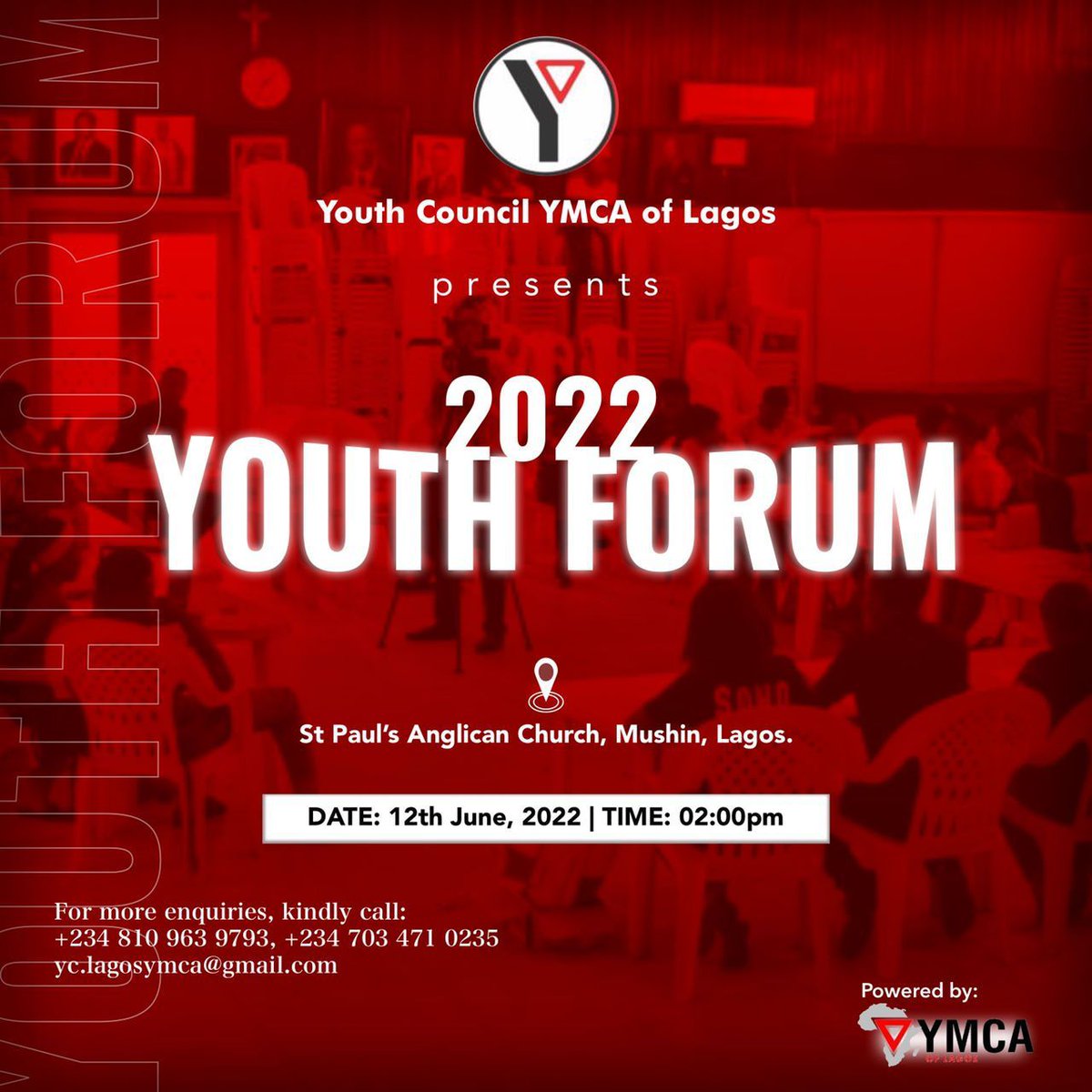 LagosYMCA's tweet photo. The 2022 Youth Forum of the Youth Council, YMCA of Lagos. This Year's Youth Forum promises to be bigger and better than ever!
🔻
At St Paul's Anglican Church, Mushin Lagos on Sunday, 12th June, 2022 by 2pm prompt.
🔻
 YMCA! 
 SERVICE!
🔻
#YE4Good #YouthForum #EndSARS #ASUU INEC https://t.co/4WdmdoT8rZ