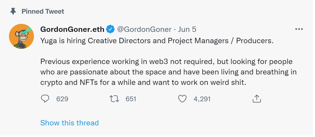 Aikoon28's tweet photo. @GordonGoner hiring Creative Director for @yugalabs and meet @beeple ?!

Coincidence? I don't think so! LFG
Grab a Land till you can! https://t.co/ub7W7pqRos