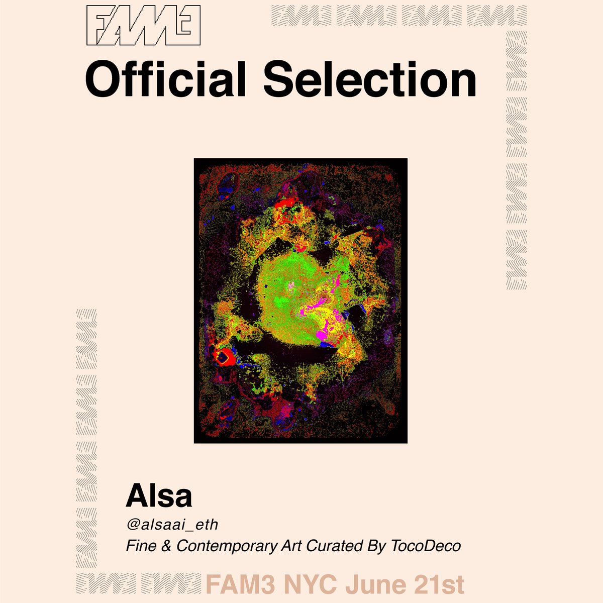 TocoDeco's tweet photo. Another of our FAM3 @Fam3Event fine artists:
'Alsa @alsaai_eth uses AI to create 1/1 pieces of art. He has created over 400 custom AI tools & believes the next stage of the NFT evolution brings near-human-like artificial intelligence.'
#NFT #NFTs #NFTCommunity #NFTNYC #gannft https://t.co/r1abMLLviS