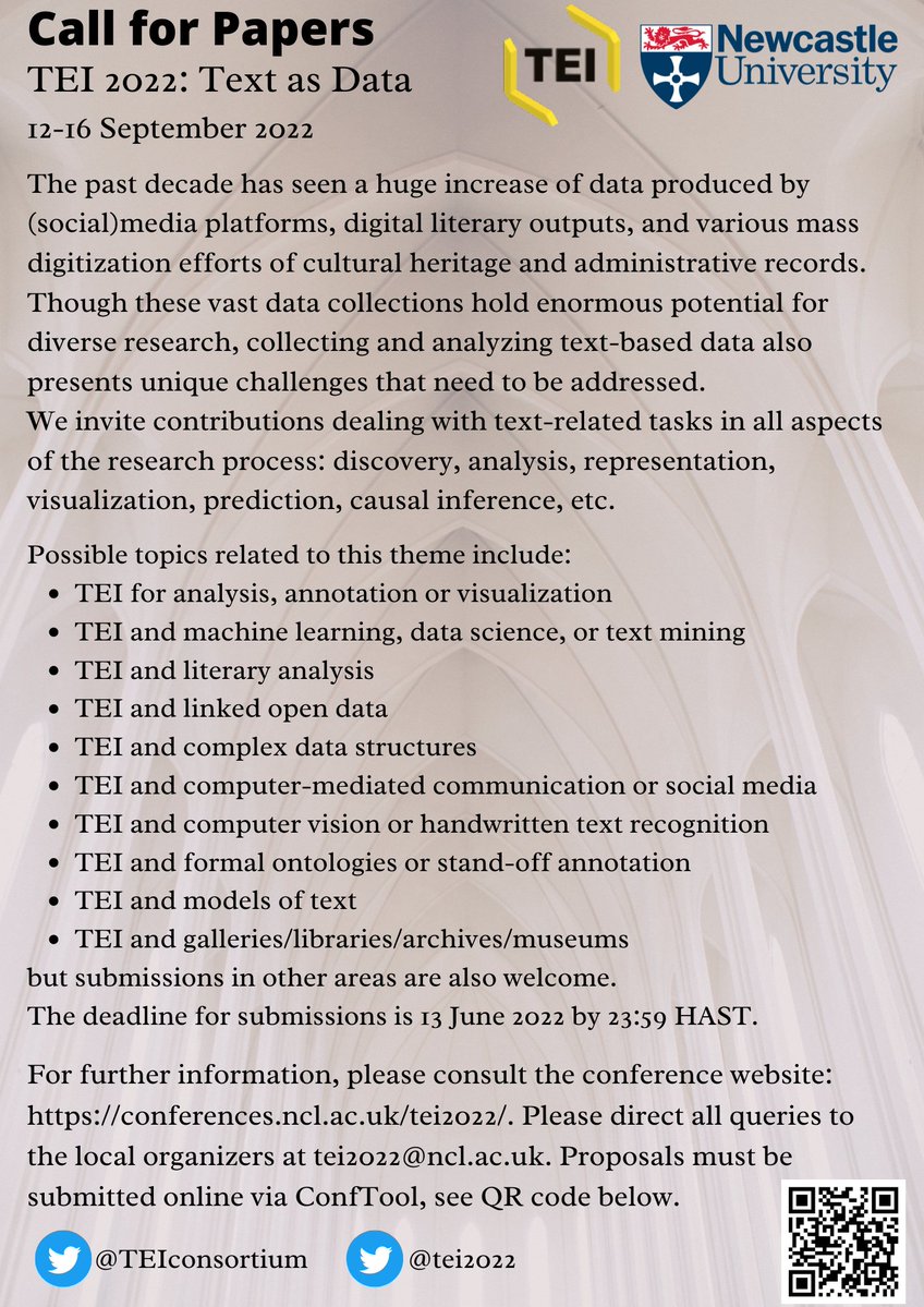 TEIconsortium's tweet photo. 💻Are you working with #TEI? Come meet the #TEICommunity @TEI2022.
📨We are inviting proposals related to the theme 'Text as Data'➡️https://t.co/3Bd9HdjgVy
⏳We are accepting abstracts until June 20th 2022➡️https://t.co/qrkZ592dHR
#AcademicTwitter #DigitalHumanities #CFP https://t.co/EVyVZHShZD