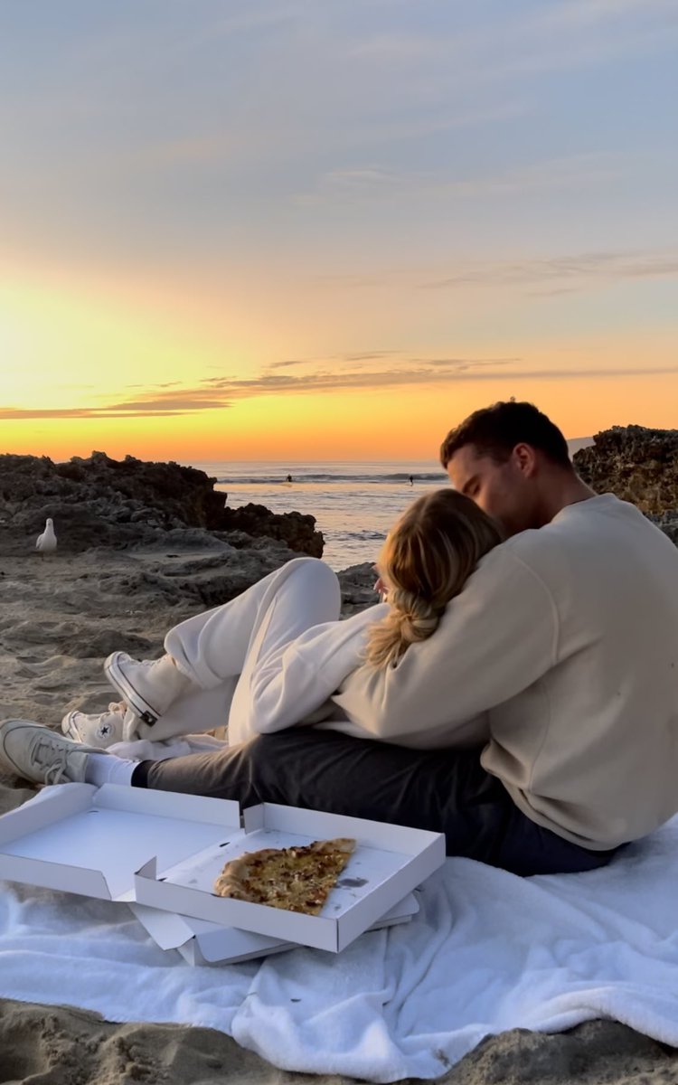 beach date, pizza and sunset
