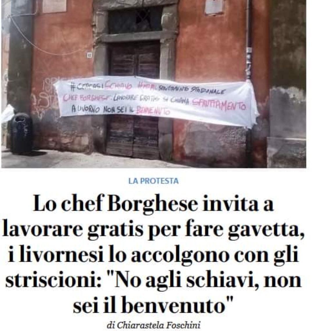 Lantidiplomatic's tweet photo. La risposta di Livorno allo chef Borghese che invita le persone a lavorare gratis per "fare gavetta"
@Lantidiplomatic https://t.co/NjvQQGUL7J