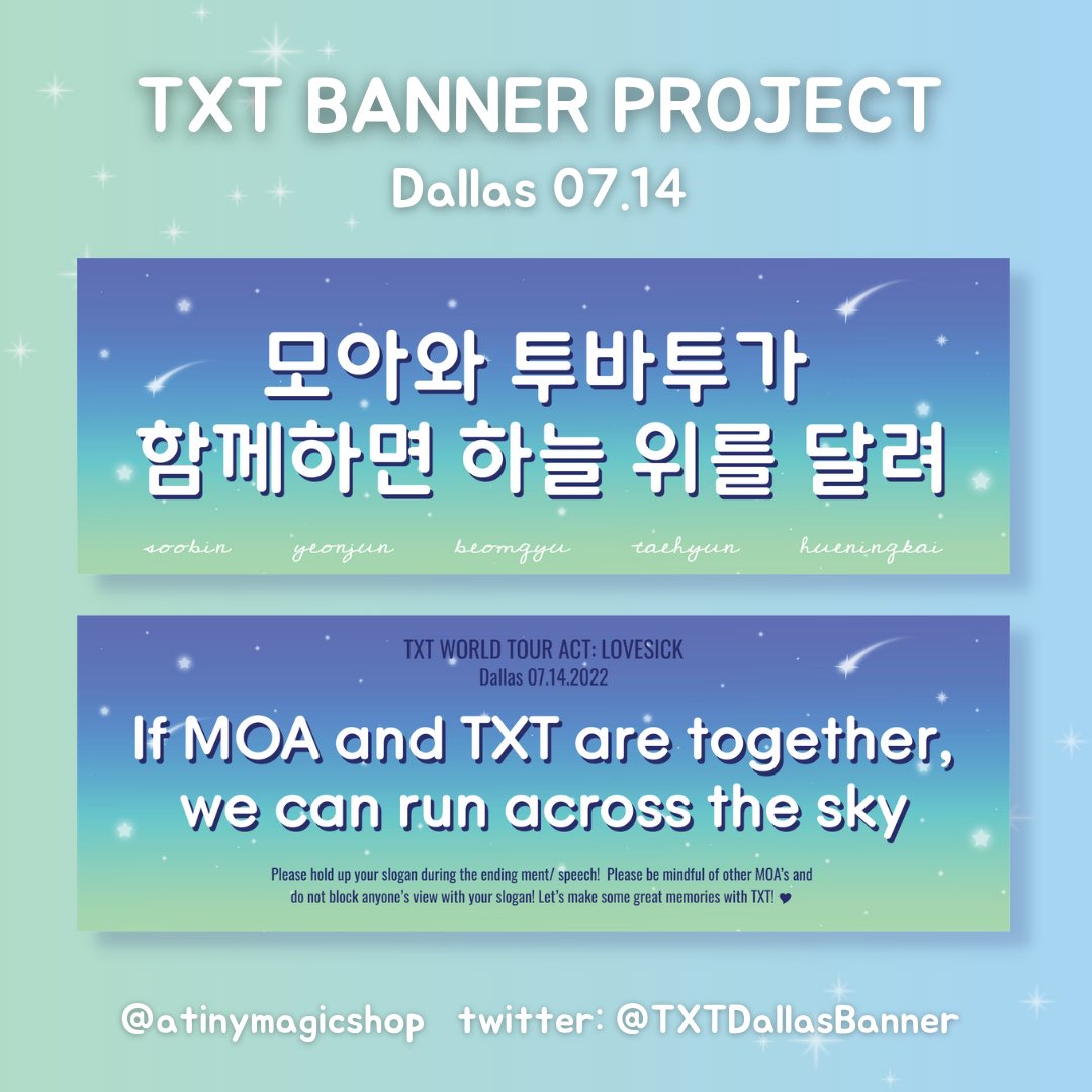 TXTDallasBanner's tweet photo. Calling all MOA’s attending TXT’s concert in Dallas!! We are working on a fan slogan project for the concert! We are so excited to share this design, follow for more details to come!
Let’s show our support for TXT! ⭐️ https://t.co/rEILaYdBLL