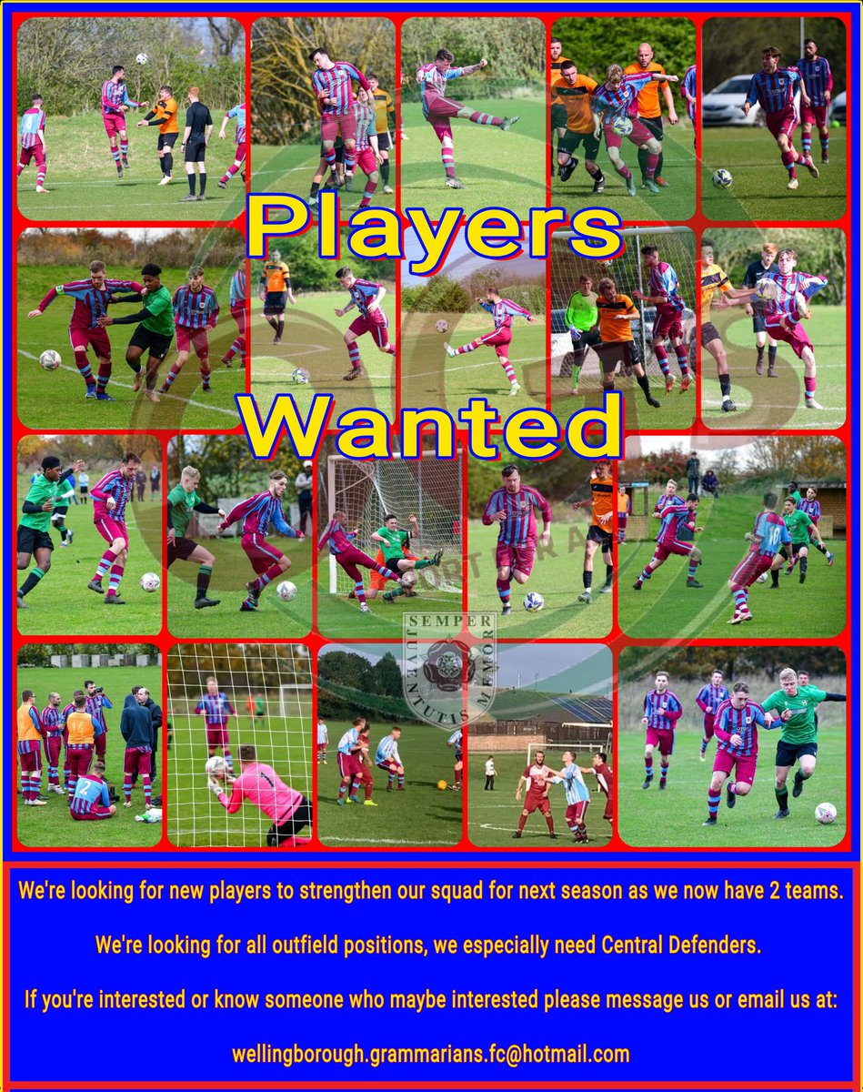 We're looking for new players to strengthen our squad for next season as we now have 2 teams.

If you're interested or know someone who maybe interested please message us or email us at:

wellingborough.grammarians.fc@hotmail.com