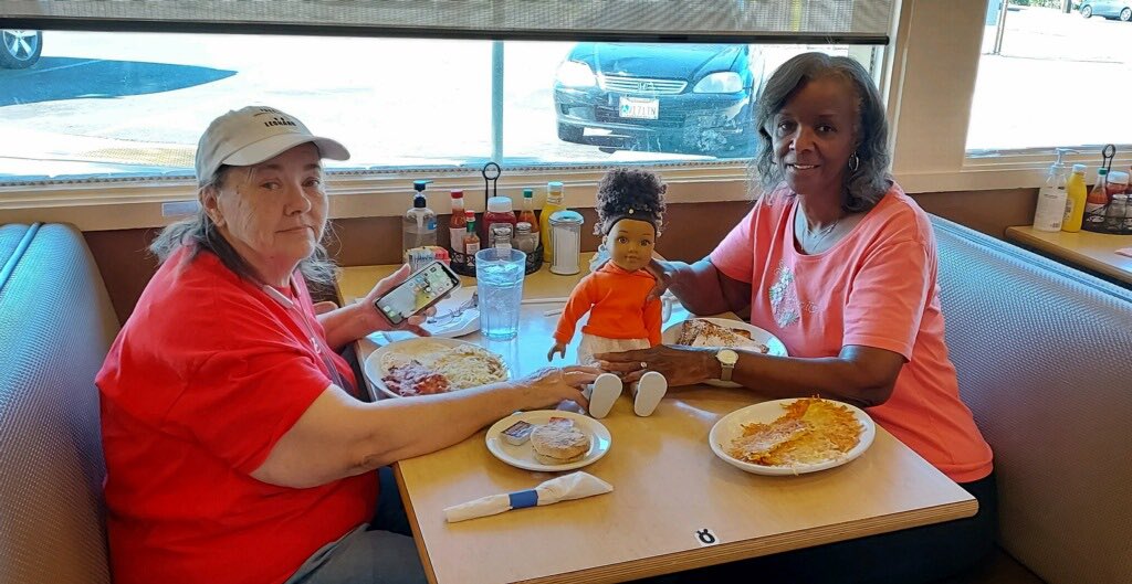 Pat Harris,  ABBDA, Member having beakfast on WORLD DOLL DAY with my best friend Carol Robideau, and our special guest Doll friend Grace.