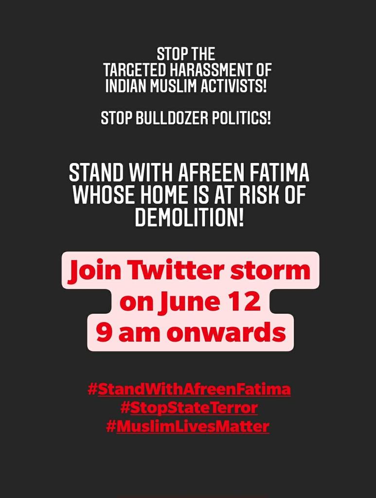 vinaysreeni's tweet image. Mother,sister of @AfreenFatima136 detained at midnight , not released. Father not released. Demolition notice given for their house suddenly! Saying it will be demolished at 11am sunday

#StandWithAfreenFatima
#MuslimLivesMatter
#StopStateTerror

Join the twitter storm at 9am