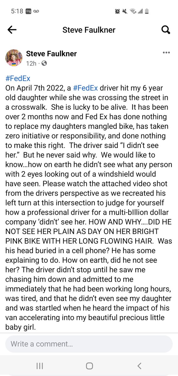 KalieD224's tweet photo. @FedEx I saw this on Facebook, please help this family and take responsibility for one of your drivers failing and hitting this little girl so hard she flew 40 feet through the air https://t.co/wh5HSeAH4V