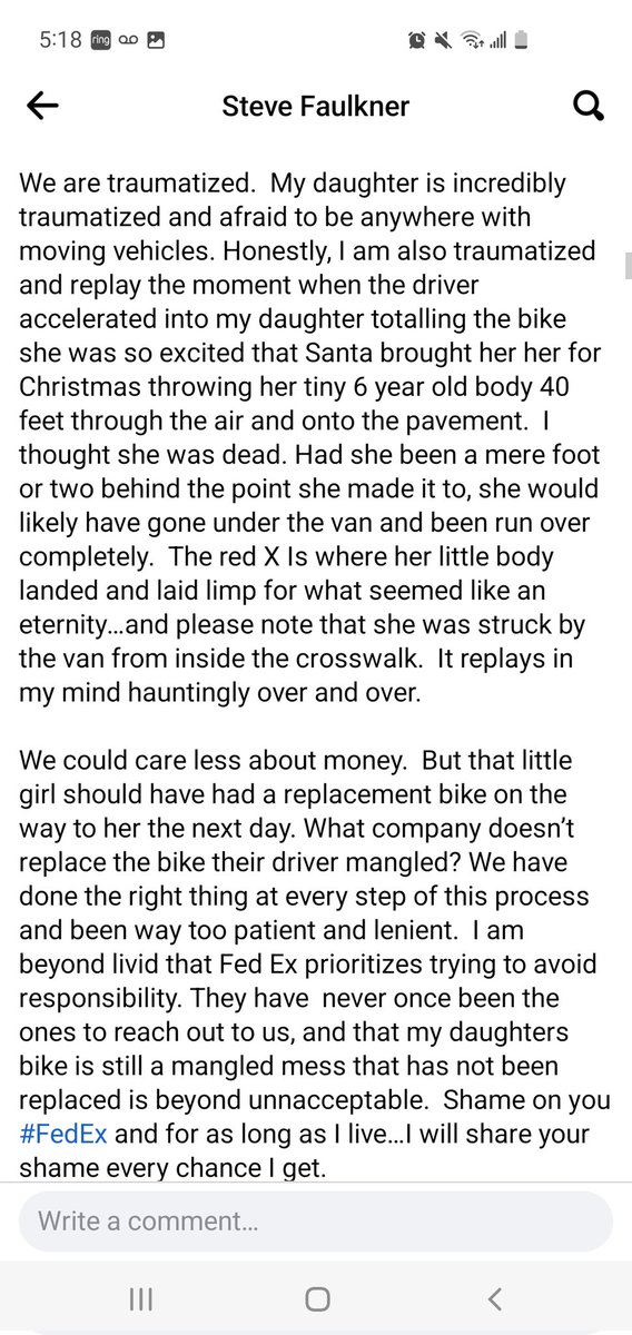 KalieD224's tweet photo. @FedEx I saw this on Facebook, please help this family and take responsibility for one of your drivers failing and hitting this little girl so hard she flew 40 feet through the air https://t.co/wh5HSeAH4V