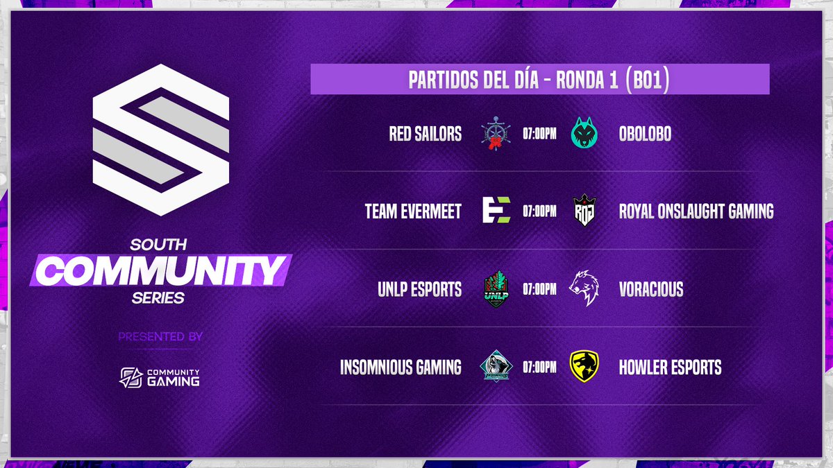#SCS Ronda 1 - Al mejor de 1

🆚️Enfrentamientos

👉Red Sailors vs @OboloboGaming 

👉 <a href="/TeamEvermeet/">Evermeet</a> vs Royal Onslaught Gaming

👉 UNLP Esports vs <a href="/VoraciousGG/">Voracious</a> 

👉 <a href="/InsomniusGaming/">Insomnius Gaming</a> vs <a href="/HowlerGG/">Howler Esports</a>