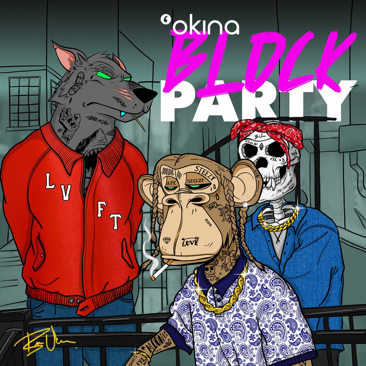 Yo we've been having a blast every Saturday for a minute now with Steezy Saturdays. Our OKINA community is growing with our friends <a href="/RPWOLVES666/">RP WOLVES</a> <a href="/WickedBoneClub/">Wicked Bone Club</a> so we've decided to OKINA BLOCK PARTY. Live DJ sets, giveaways, and more. Best fucking ART and fam in the game. IYKYK