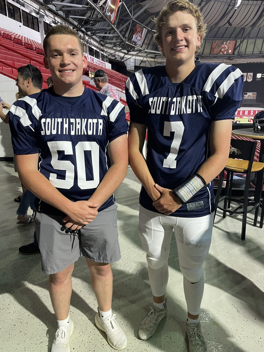 CoachRicke's tweet photo. Congratulations to @Nricke22 and @cambuchholtz of Madison High School for being chosen to play in the SD All-Star Football game today at the DakotaDome. The Blue Team defeated the Red Team 10-8. #BulldogNation @sdfbca @LakeCTY_Sports @kjamradio https://t.co/x2lbzeoHt1