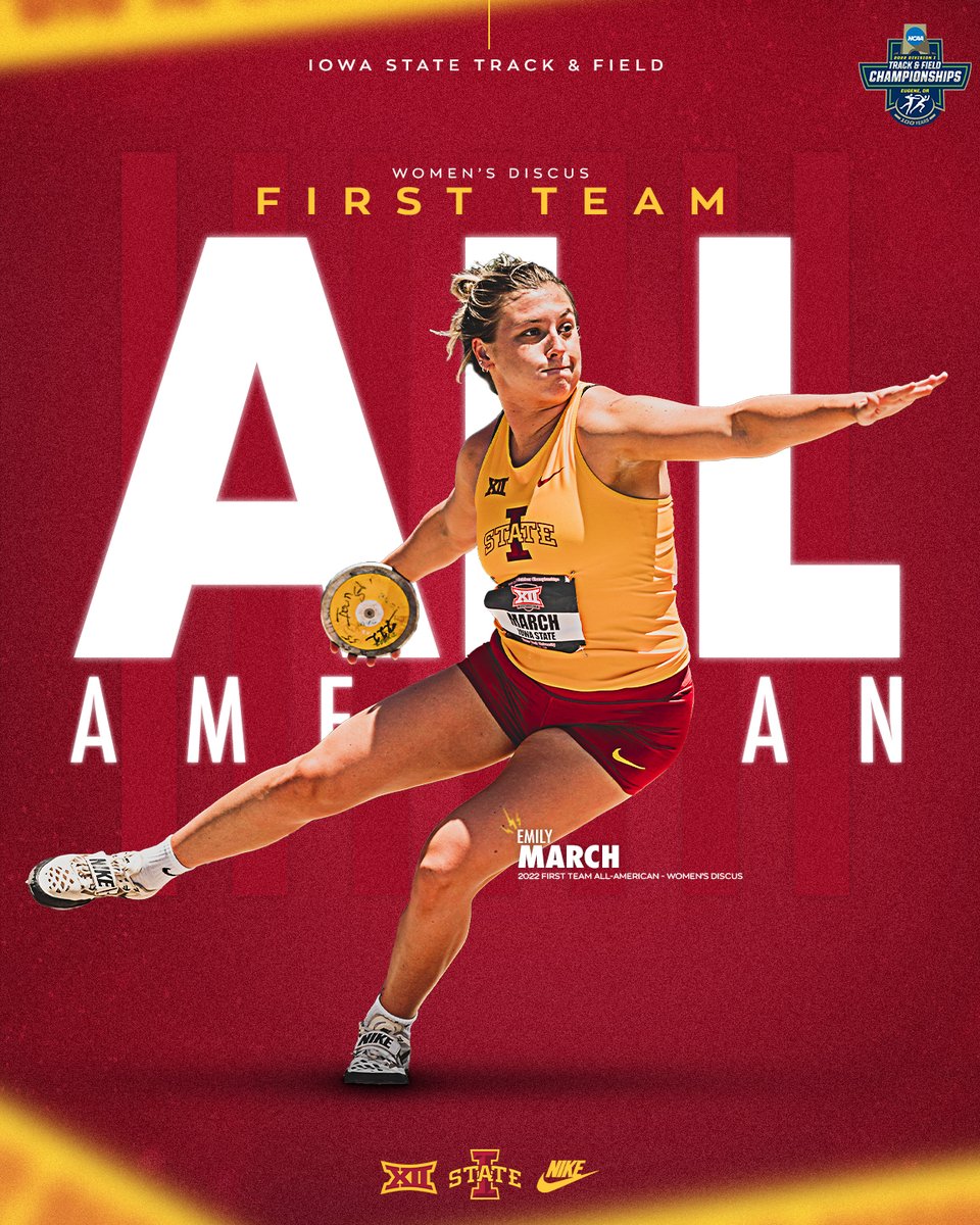 CycloneTrackXC's tweet photo. 𝐅𝐢𝐫𝐬𝐭 𝐓𝐞𝐚𝐦 𝐀𝐥𝐥-𝐀𝐦𝐞𝐫𝐢𝐜𝐚𝐧!

Emily March is Iowa State's first All-American in the women's discus in program history ... and she is a First Team All-American! 8th place with a best throw of 178-3 (54.35m)!

#CycloneSZN #Throw4ISU https://t.co/Z7X2SkjdT7