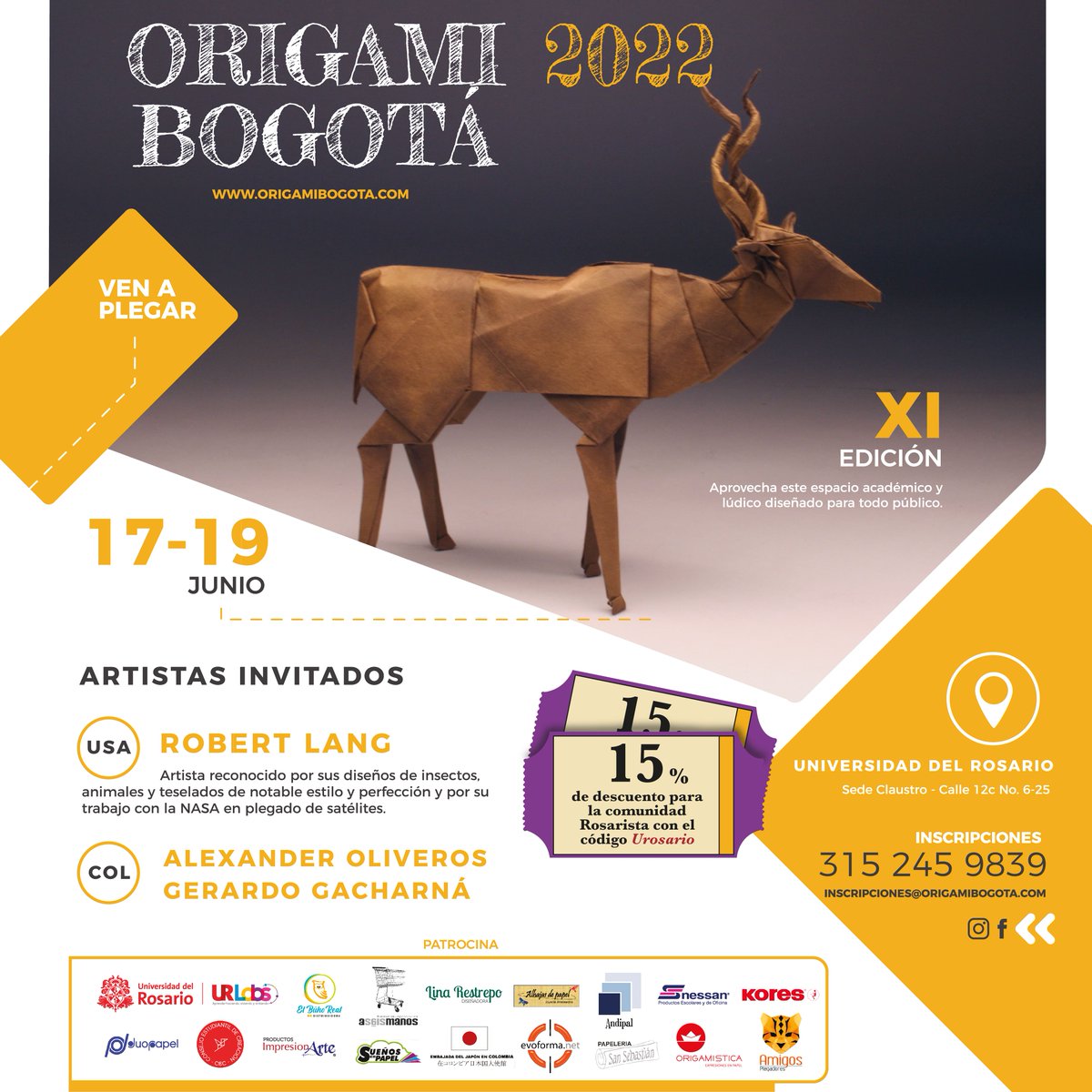URosario's tweet photo. #URLabs y el consejo estudiantil de FaCrea te invitan a aprender plegando en el Origami Bogotá 2022 en la @urosario. ¡Aprovecha el descuento para la comunidad Rosarista! Más info. En https://t.co/WCLva7mpnY #OrigamiBogotá #PlegandoAmistades #URLabs https://t.co/eJel65aL4g