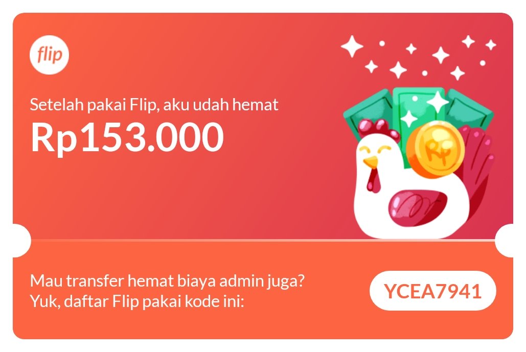 crowsdead_'s tweet photo. Tau nggak? Setelah pakai Flip, aku udah hemat Rp153.000 karena nggak perlu bayar biaya admin lagi tiap transfer ke beda bank! Lumayan banget, kan?

Kamu juga bisa jadi hemat, lho! Yuk, daftar pakai kode YCEA7941 atau klik link ini: https://t.co/OKmrWAuAHK https://t.co/J00gYStVka