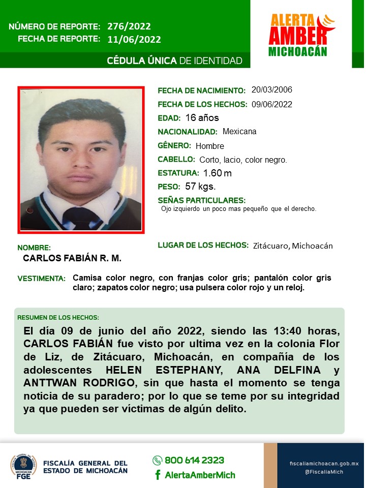 Solicitamos su apoyo para la búsqueda y localización de CARLOS FABIÁN R.M. de 16 años de edad. #AlertaAmberMx #AlertaAmberMich #FGEMich @BotDesaparecidx