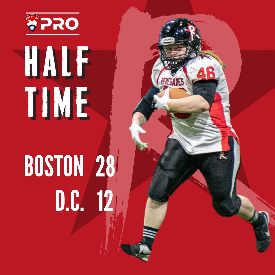 GoRenegades's tweet photo. Halftime, Boston Renegades 28, D.C. Divas 12.
Stephanie Pascual and Tytti Kuusinen each have two TDs for Boston. Shaquanda Gainey has two TDs for D.C. #WFAPro #WFAPlayoffs #RoadToCanton2022 https://t.co/XebNIqzcYz