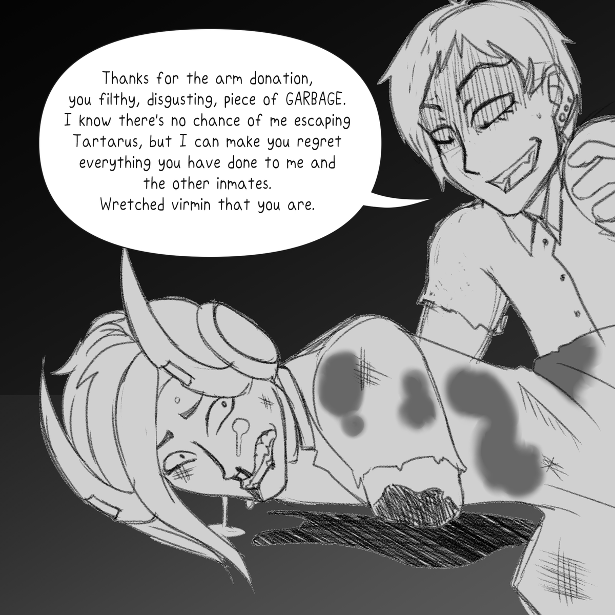 Fungalzombie's tweet photo. #HurtHaulWeek2022 Day 6: Filth (but with a twist!)
Sure, there's spit, blood, and piss, but it's on Scion! Last pic Overhaul managed to regain arms, this time he's managed to upgrade them more, with Scion's help. Time for some payback! Don't feel bad for Scion, he's vile. https://t.co/mbImfXYEWh