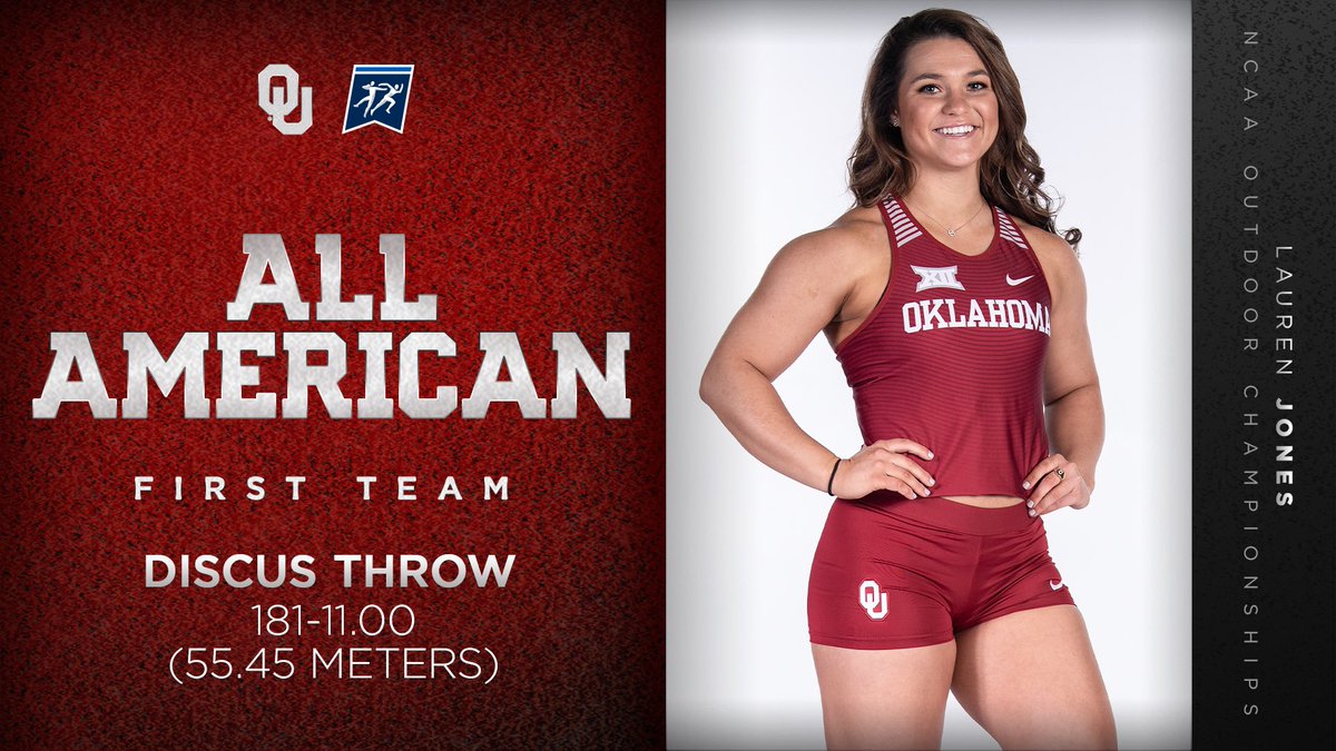 OU_Track's tweet photo. She goes by “2️⃣x 𝘼𝙡𝙡 -𝘼𝙢𝙚𝙧𝙞𝙘𝙖𝙣” now… 

@LaurenMJones19 claims fourth place in women’s discus with a throw of 181-11.00 (55.45m), picking up her second All-America honor at the national championship!

#BoomerSooner x #NCAATF https://t.co/uosz6Soh4i