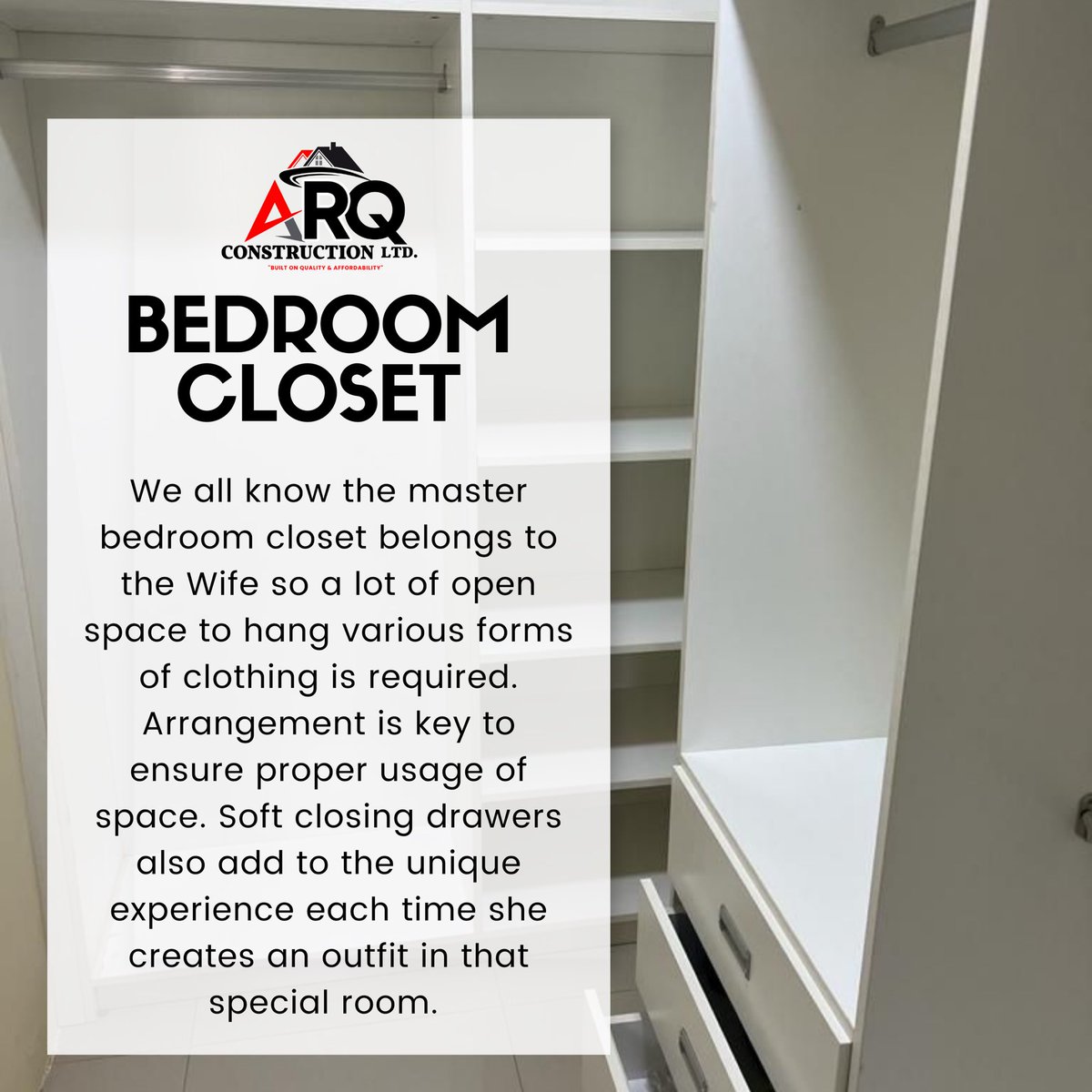 ARQualityConst1's tweet photo. Spacious closet equals a happy partner!! Here @ARQualityConst1 we create quality closet spaces to suit any space and any client. 
.
Contact us today for all your construction 🚧 needs. 
#construction #constructionlife #closet #largecloset #womeninconstruction #jamaicanbusiness https://t.co/NSTsk7iMGm
