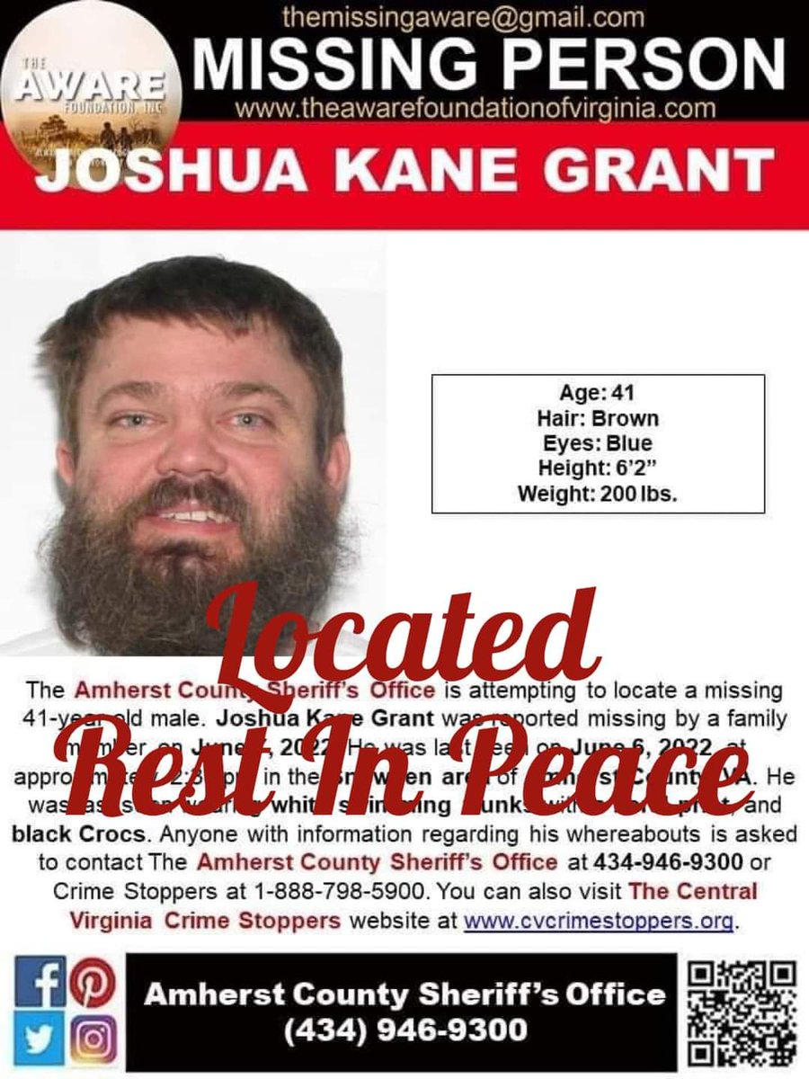 aware_the's tweet photo. ***UPDATE*** Joshua has been located deceased. Authorities located his body approximately 200 yards downstream from the Blue Ridge Pkwy in the James River. The Medical Examiner determined the remains to belong to Joshua Kane Grant, who had been reported missing June 7, 2022. https://t.co/veWTpwVxa2