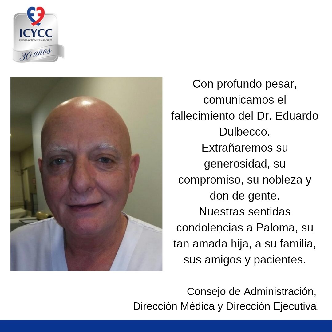 FundFavaloro's tweet photo. Con profundo pesar, comunicamos el fallecimiento del Dr. Eduardo Dulbecco.
Extrañaremos su generosidad, su compromiso, su nobleza y don de gente.
Nuestras sentidas condolencias a Paloma, su tan amada hija, a su familia, sus amigos y pacientes. https://t.co/0zvlYiSmBN