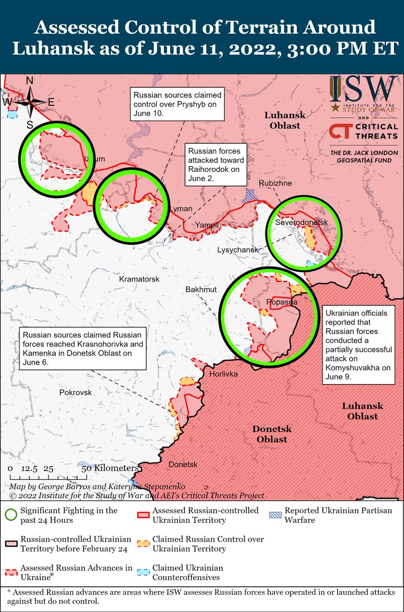 criticalthreats's tweet photo. #Russian forces likely resumed efforts to cut the #T1303 #Hirske-Lysyschansk highway and launched failed assaults on settlements along the #T1302 #Bakhmut-Lysychank highway. (3/6) https://t.co/IoczDc5DTD