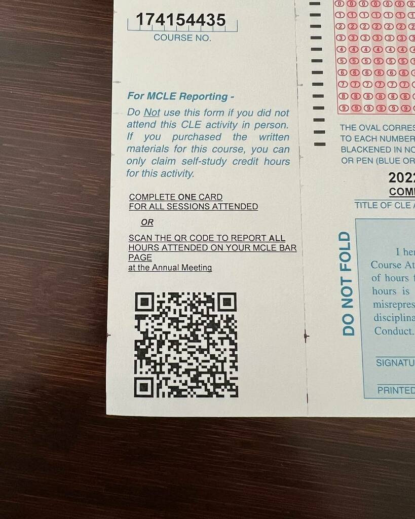 dtoddsmith's tweet photo. I haven’t paid much attention to @statebaroftexas CLE course attendance forms lately because, you know, pandemic. But putting a QR code here made reporting my HOURS FOR #sbot22 a snap! https://t.co/izRAyuQbzr https://t.co/24xyk7YZkc