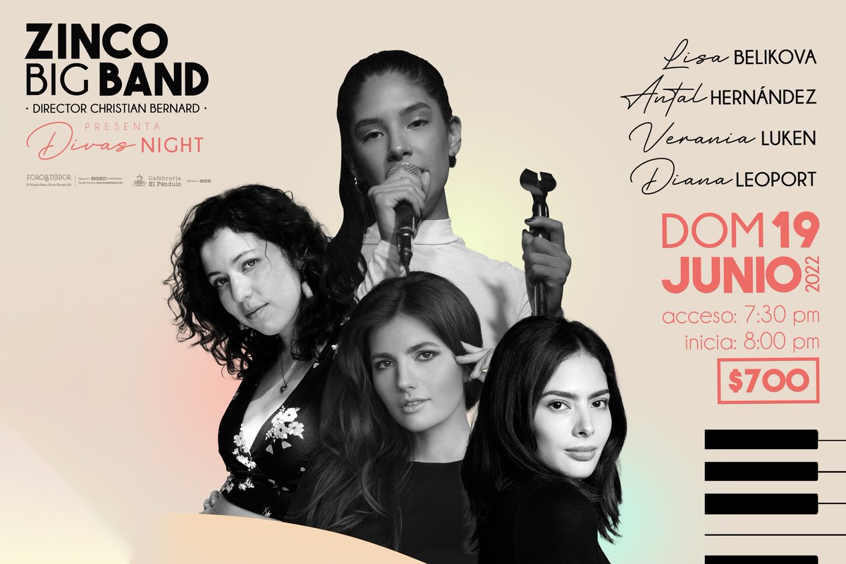 La ZINCO BIG BAND celebra el Día del Padre con este gran concierto!! 
'Divas Night'

<a href="/ForodelTejedor/">Foro del Tejedor</a> , CDMX
19 Junio, 7:30pm

Boletos en el siguiente Link: 
forodeltejedor.com/evento/butacas…
