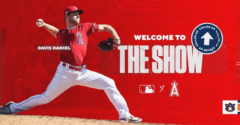AuburnBaseball's tweet photo. Auburn ➡️ @Angels 

Birthday big leaguer: Congrats to @Davis_Daniel13 on becoming the 57th MLB player in program history! 👊

#WarEagle | #AUNextLevel
