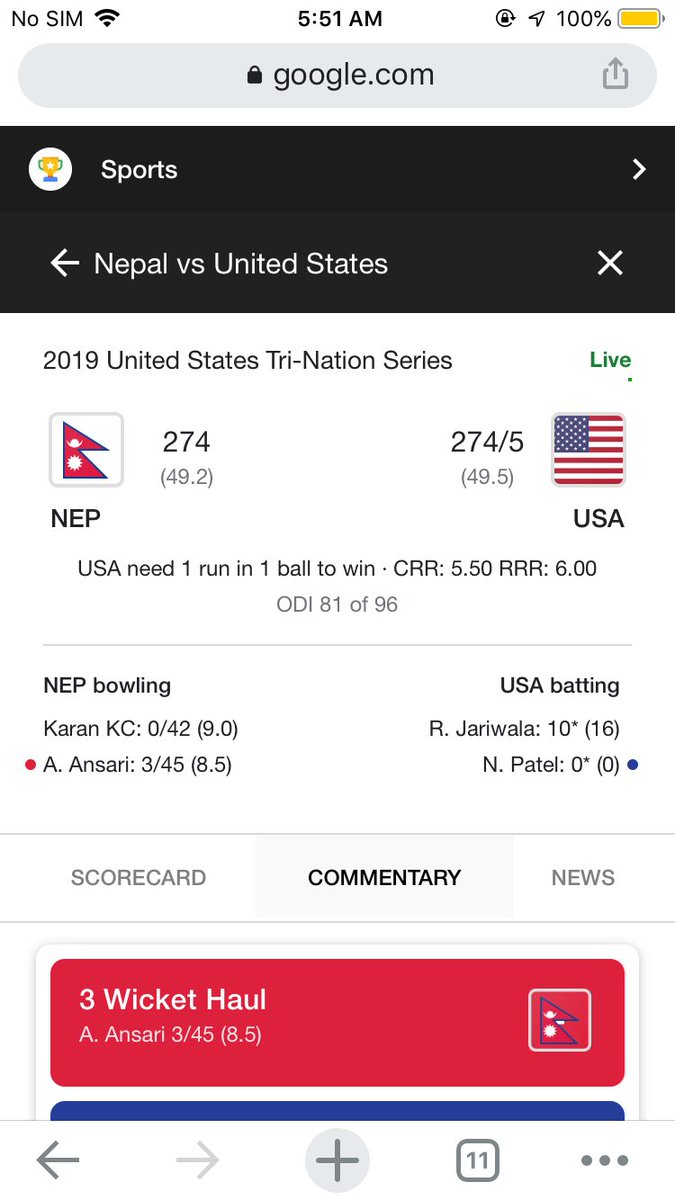 Nepal tied the match against USA 
From 2 run needed in 1 ball