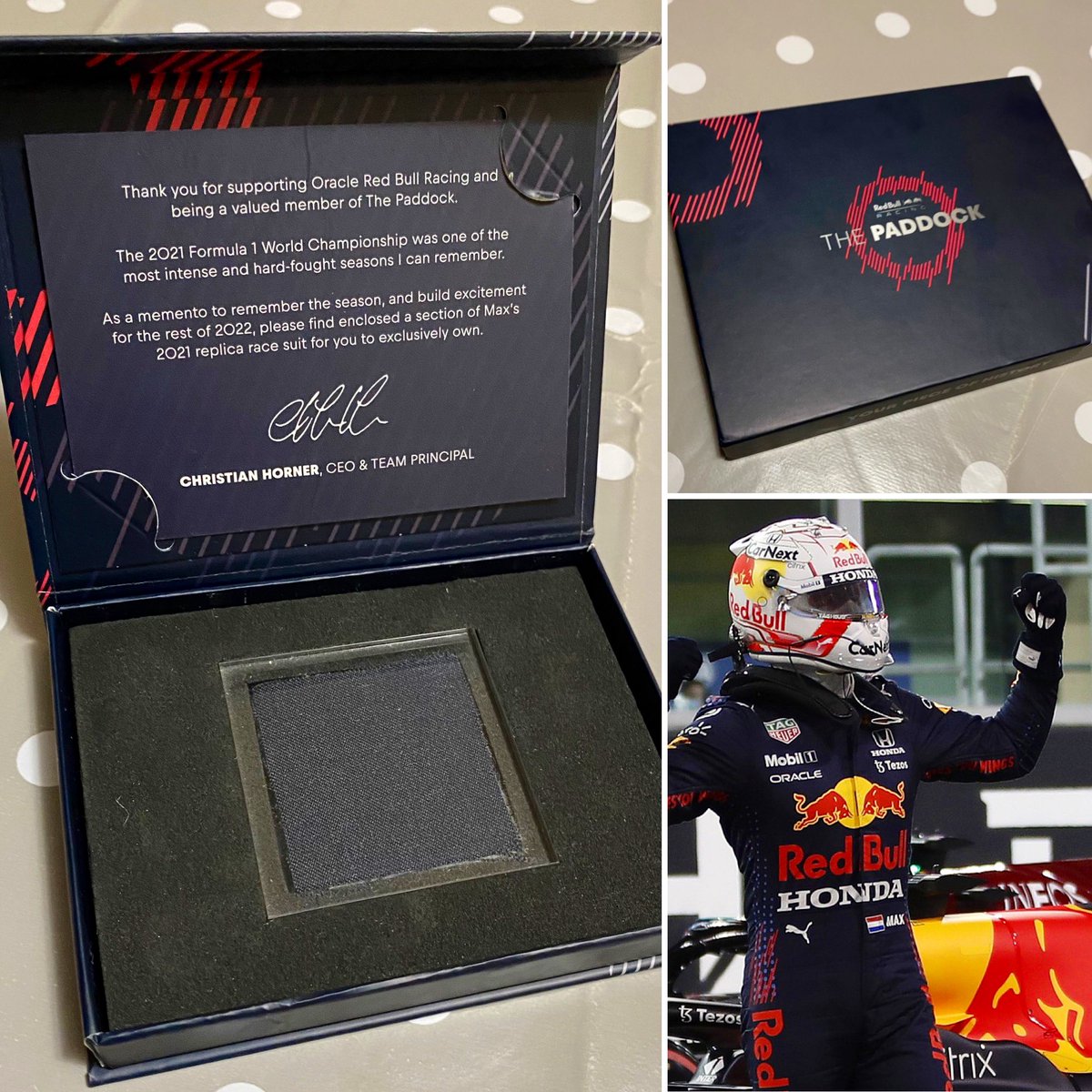 DannyLeon89's tweet photo. Permiso, solo vengo a jactarme de mi “trozo de la historia”… un pedazo de la replica del traje que utilizó Max cuando ganó el campeonato de F1 2021 en el GP de Abu Dabhi 🏎 
(me tocó el trozo mas fome de todos 🥲) https://t.co/qhBqXnGXD3