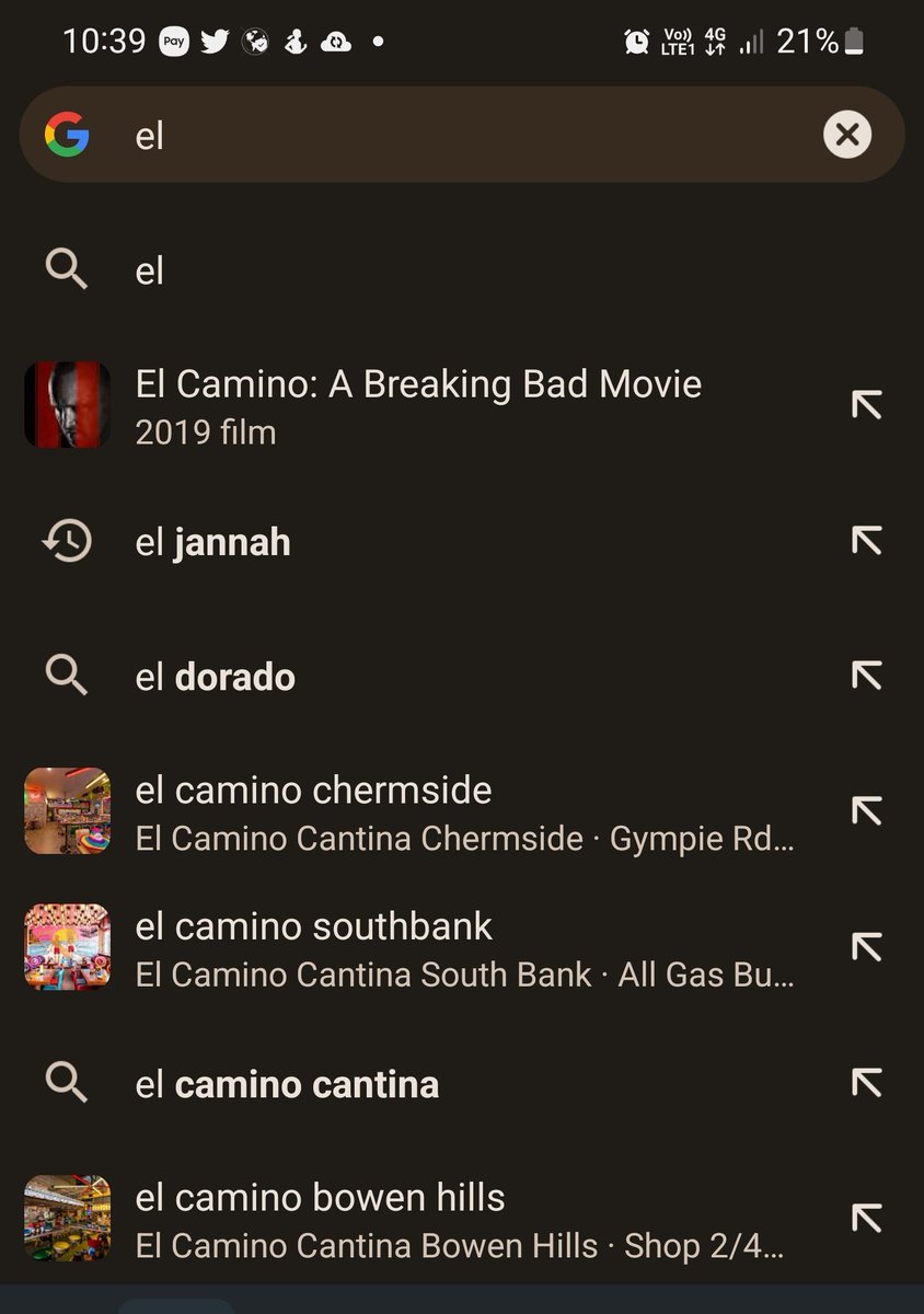 achandur's tweet photo. Our mobile devices are spying on us in bigtime. 10 minuts ago  my wife was saying something about the el Camino results Chermside. Now I just got my phone and inserted "el" look what came up in search https://t.co/pa3vEtQWpY