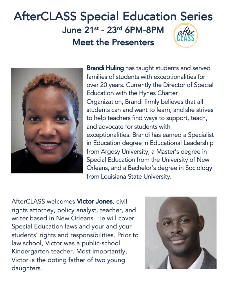 AfterCLASSNola's tweet photo. Join us in less than two weeks for three special evenings you won't want to miss. I mean, just look at these stellar presenters! Dinner will be served. Registration is now only $10. 
https://t.co/6KTaqszDAH
⬆️🍎
#elevateteaching #spedteacher #SPED https://t.co/I9TZ7dGVfV