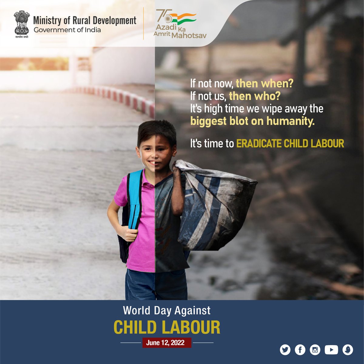 MoRD_GoI's tweet photo. It's World Day Against Child Labour!
Today, let's be reminded of the many children who still remain trapped in labour &amp; modern day slavery. 
Child protection is our collective duty.

If you see something, say something.
Together we can #EndChildLabour

#WorldDayAgainstChildLabour https://t.co/sesLJbSwYX