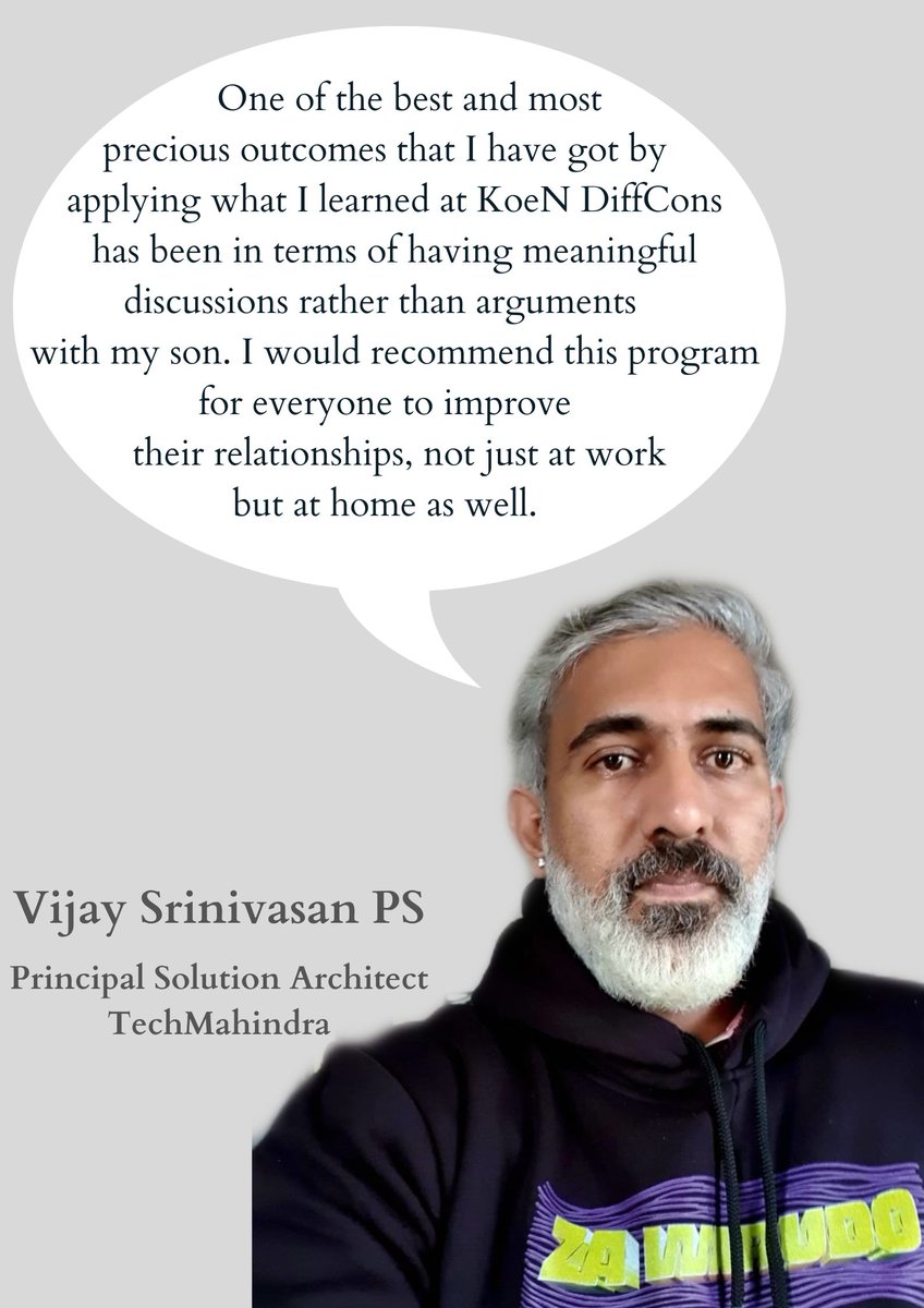 a_bhandarkar's tweet photo. @KoenMetaConsulting is proud to share this testimonial from Vijay Srinivasan PS, father of a college-going youngster. It is proof that the learnings from #DiffCons are equally effective at resolving difficult conversations with loved ones!

#trust #influence #relationships https://t.co/ECZ7z3SZgx