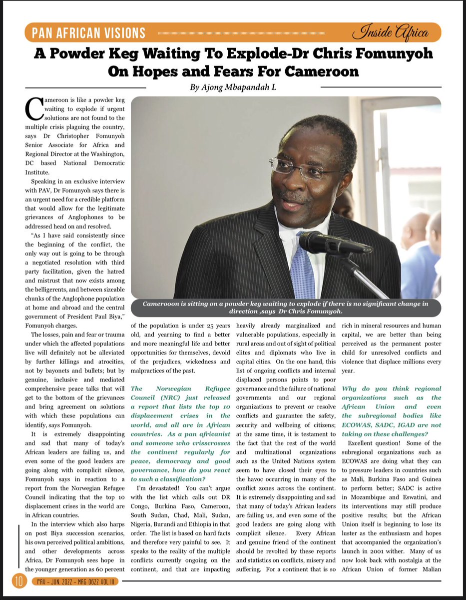 BorisEsonoN's tweet photo. Get the latest edition of the PAV Magazine. This edition focus on A Powder Keg Waiting To Explode
Dr. Christopher Fomunyoh On Hopes & Fears For Cameroon
https://t.co/vG4KpQEH4f
@Panafricvisions @BorisEsonoN @ChrisFomunyoh @NDI @USEmbYaounde @KahWalla @judithnwana https://t.co/6yapoMIyXU