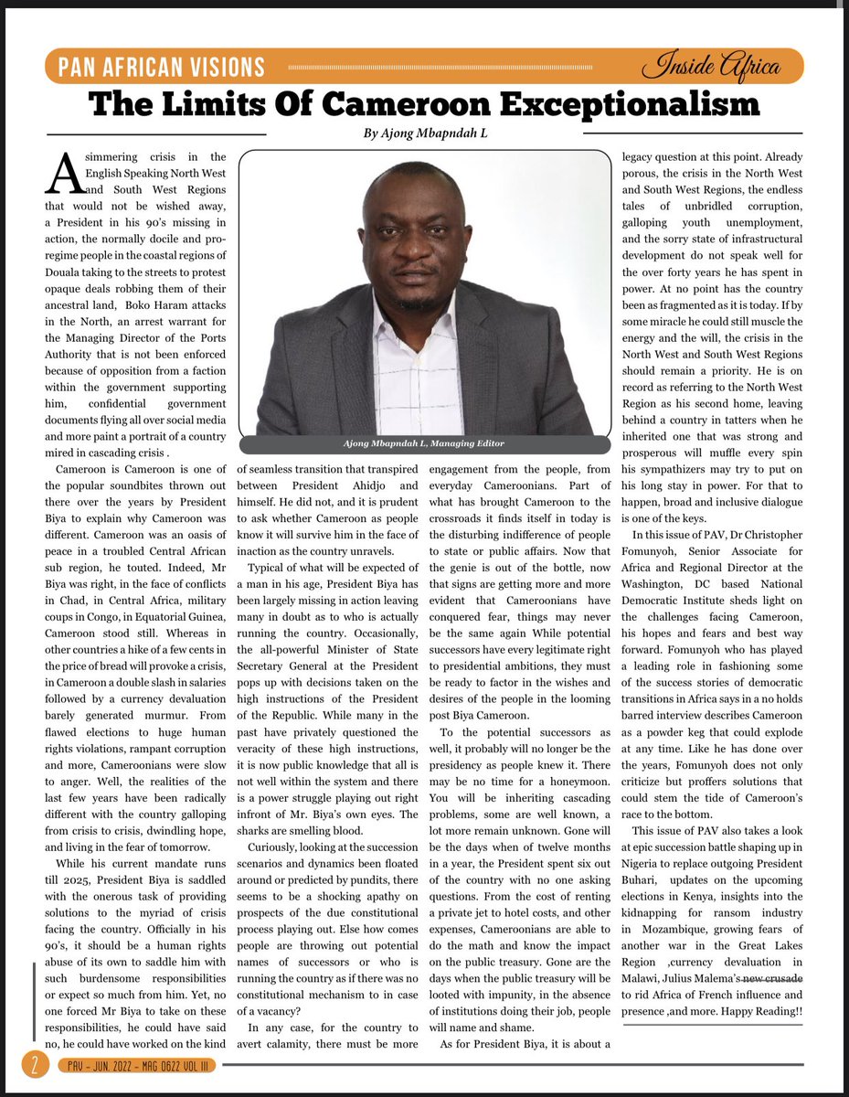 BorisEsonoN's tweet photo. Get the latest edition of the PAV Magazine. This edition focus on A Powder Keg Waiting To Explode
Dr. Christopher Fomunyoh On Hopes & Fears For Cameroon
https://t.co/vG4KpQEH4f
@Panafricvisions @BorisEsonoN @ChrisFomunyoh @NDI @USEmbYaounde @KahWalla @judithnwana https://t.co/6yapoMIyXU