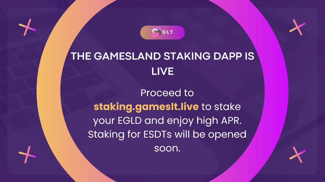 Gamesland Staking Dapp is live. Proceed to staking.gameslt.live to stake your EGLD and enjoy high APR. 

Staking for ESDTs will be opened soon.

#staking  #Elrond #Elrondcommunity #Defi #staketoearn #Elrondtech