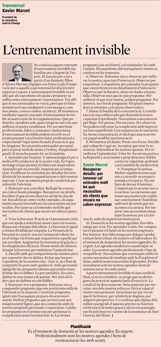 mferres's tweet photo. Un altre article imprescindible de @XavierMarcet per encetar el diumenge, especialment inspirador, 'L'entrenament invisible'. https://t.co/aISyqx1A1D