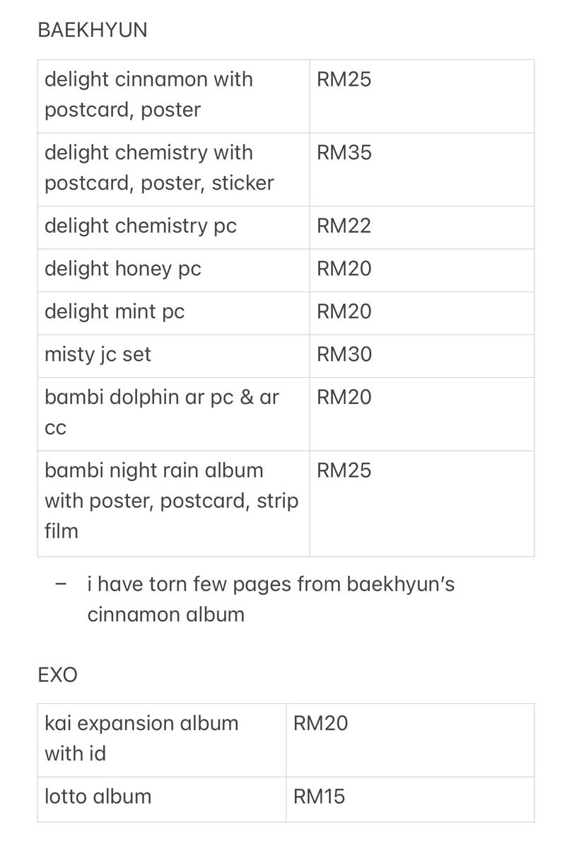 kyoongluvv's tweet photo. [WTS/LFB] 
 help rt 🫶🏻 readystock 
☁️exo official photocards / pc &amp; album
☁️price in the last pic
☁️ postage by shopee
tags ; exo kai baekhyun bambi delight expansion lotto dftf
#pasarexomy #pasarEXO #wts @pasar_EXO @KogiEXOrealPC https://t.co/WiExcQo006