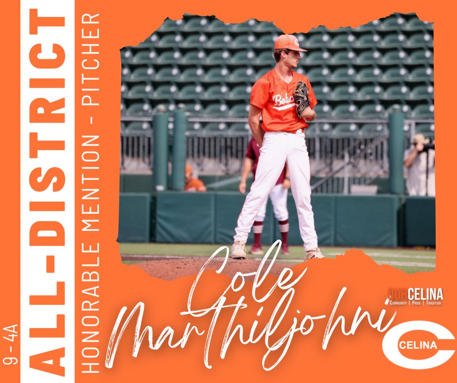 Congratulations to the following <a href="/CBobcatBaseball/">Bobcat Baseball</a> player who earned District 9-4A District Honorable Mention designation <a href="/OurCelina/">OurCelina</a> <a href="/CelinaISD/">Celina ISD</a> <a href="/TMag29/">Tom Maglisceau</a> <a href="/CHSbobcats/">Celina High School</a>  <a href="/CMarthiljohni/">Cole Marthiljohni</a>