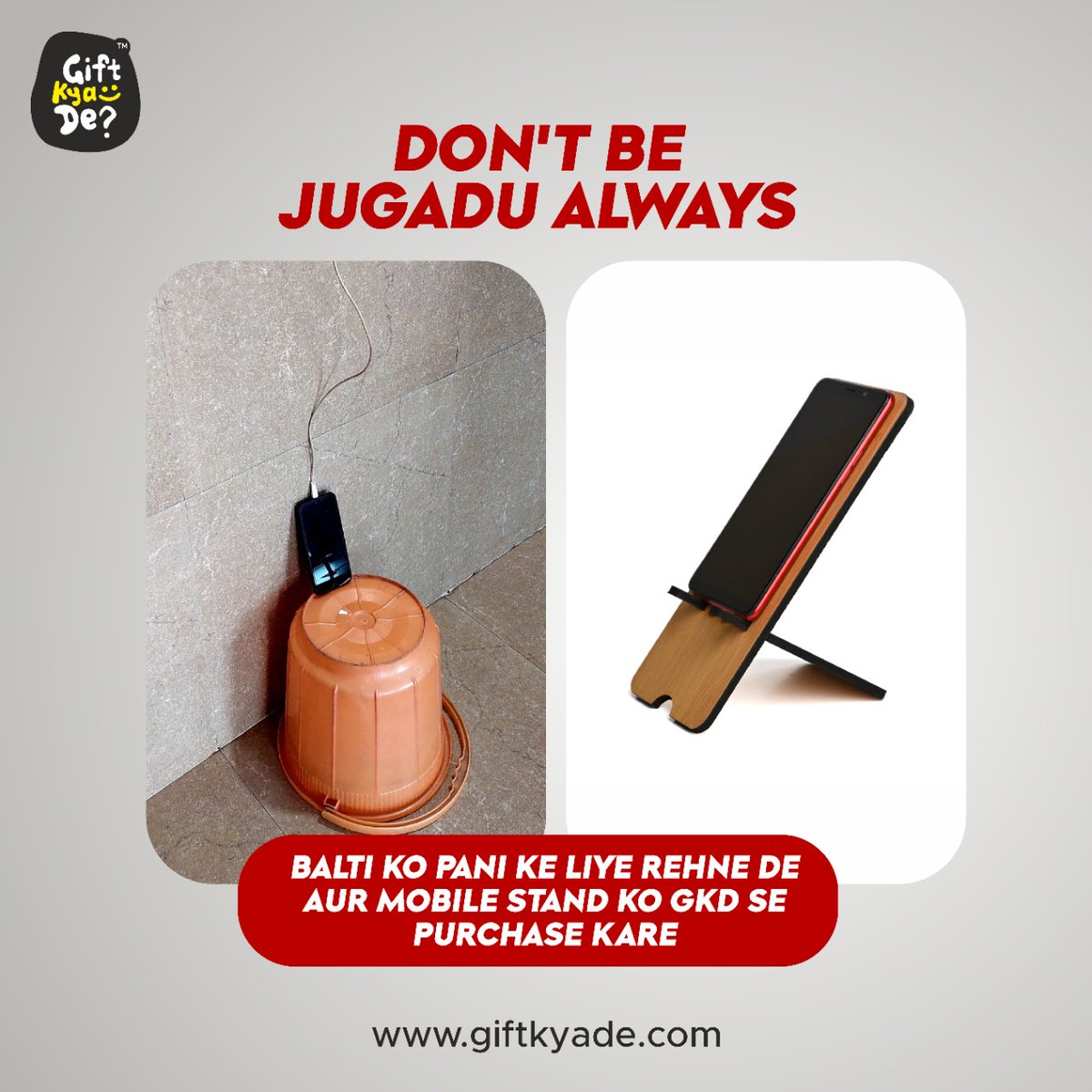 GiftKyaDe's tweet photo. Don't be jugadu always.💁♀️
Instead get #phonecharging done by purchasing Mobile Stand from Gift Kya De.🥳🥳
#ItsAProThing
Visit Now!
https://t.co/3vFNA0Mmo2
#mobilestand #madeinindia #giftkyade https://t.co/GxVQTYbidH