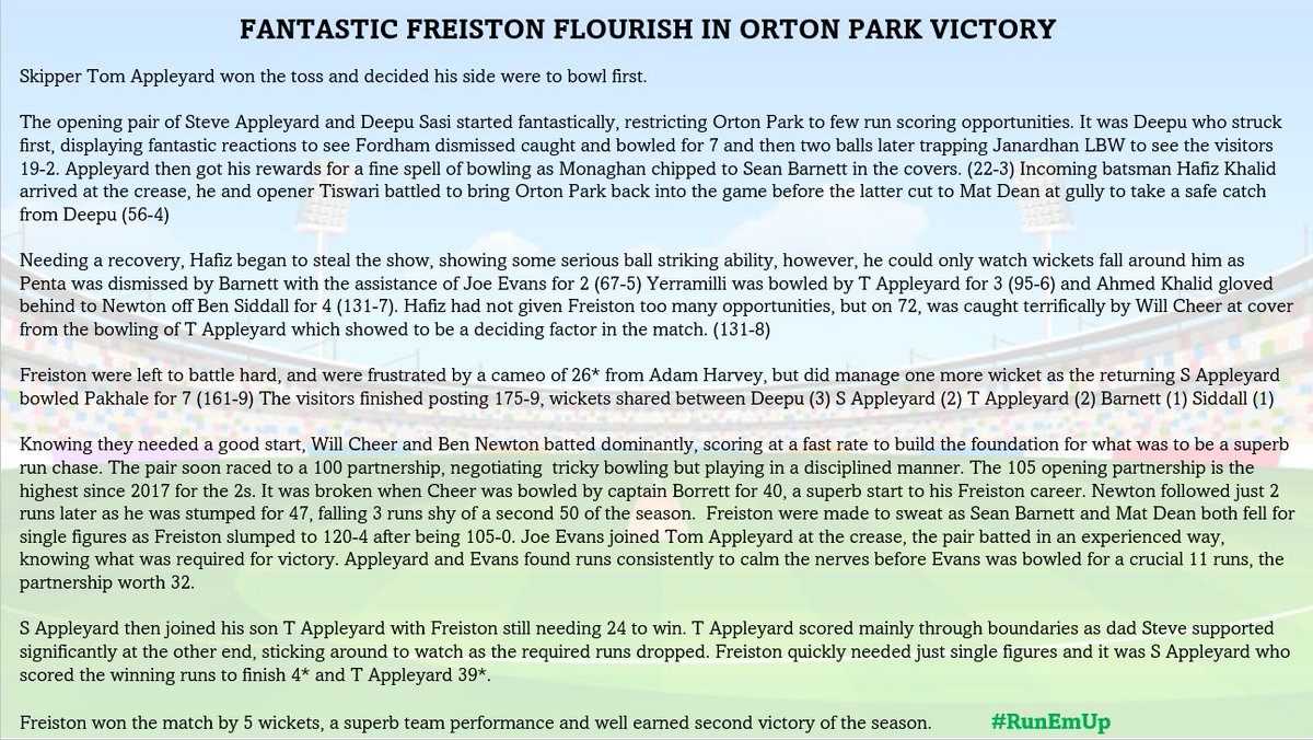 FreistonLLCC's tweet image. Match Report from the 2nd XIs victory vs @OrtonParkcc 

Thank you to the visitors for an entertaining match which was played in the right spirits. 🏏

#RunEmUp