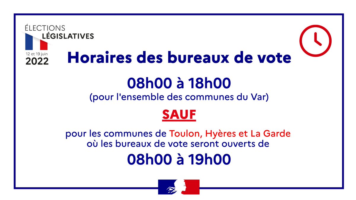 #AllonsVoter | Ce dimanche 12 juin, c'est le 1er tour des #législatives
✅ Les bureaux de vote du #Var sont ouverts de 8h à 18h sauf à Toulon, Hyères et La Garde où ils restent ouverts jusqu'à 19h.
ℹ RDV à 12h et 17h, pour le taux de participation dans le département.