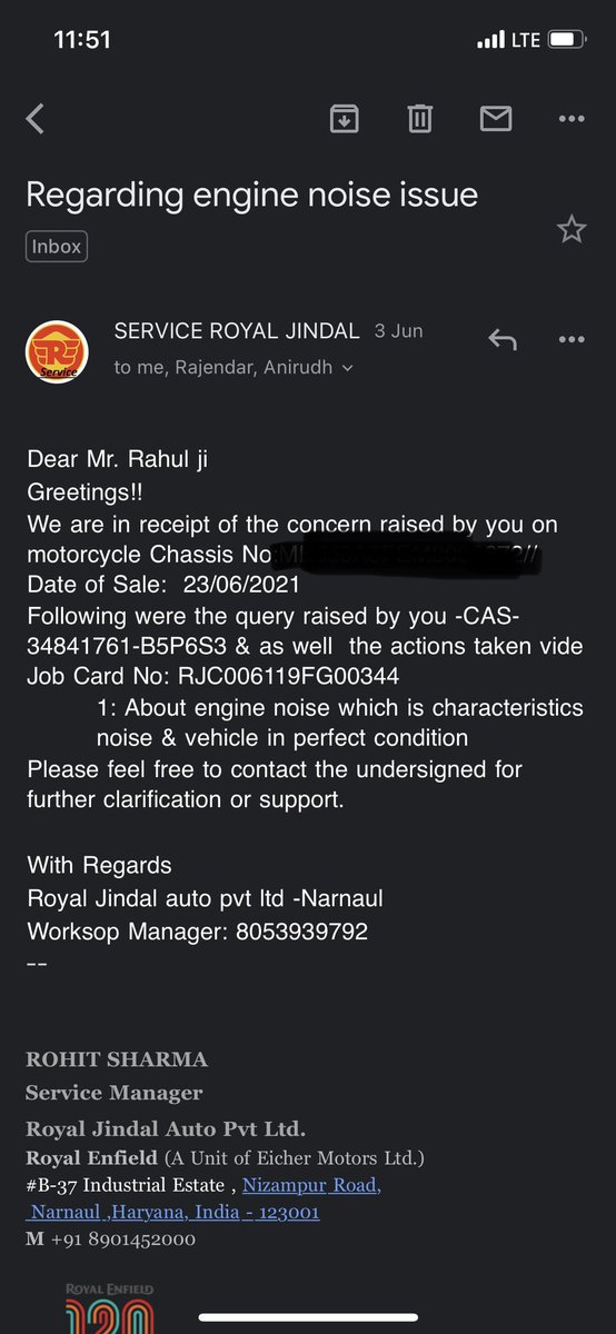 rmaan0111's tweet photo. @siddharthshend3 @ZeeNewsEnglish @royalenfield @sungkang Bro. they will also issue certificate for the same ask them. See they issued to me for my engine sound. https://t.co/OvWzE4eVUz