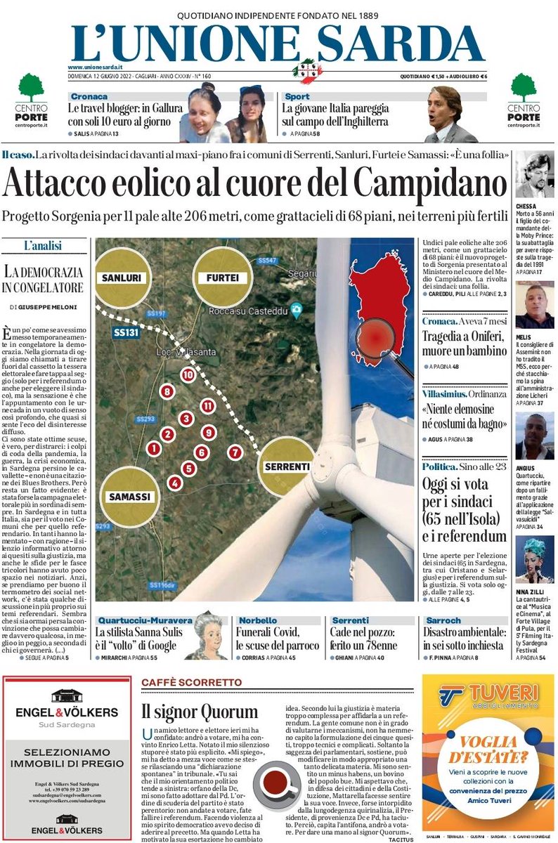 UnioneSarda's tweet photo. #PrimaPagina #12giugno #Sardegna - La rivolta dei sindaci davanti al maxi-piano fra i comuni di #Serrenti, #Sanluri, #Furtei e #Samassi: «È una follia».
Nel giornale in edicola e sull'edizione digitale: https://t.co/666CRmfpDZ https://t.co/5lZXVHIpcW