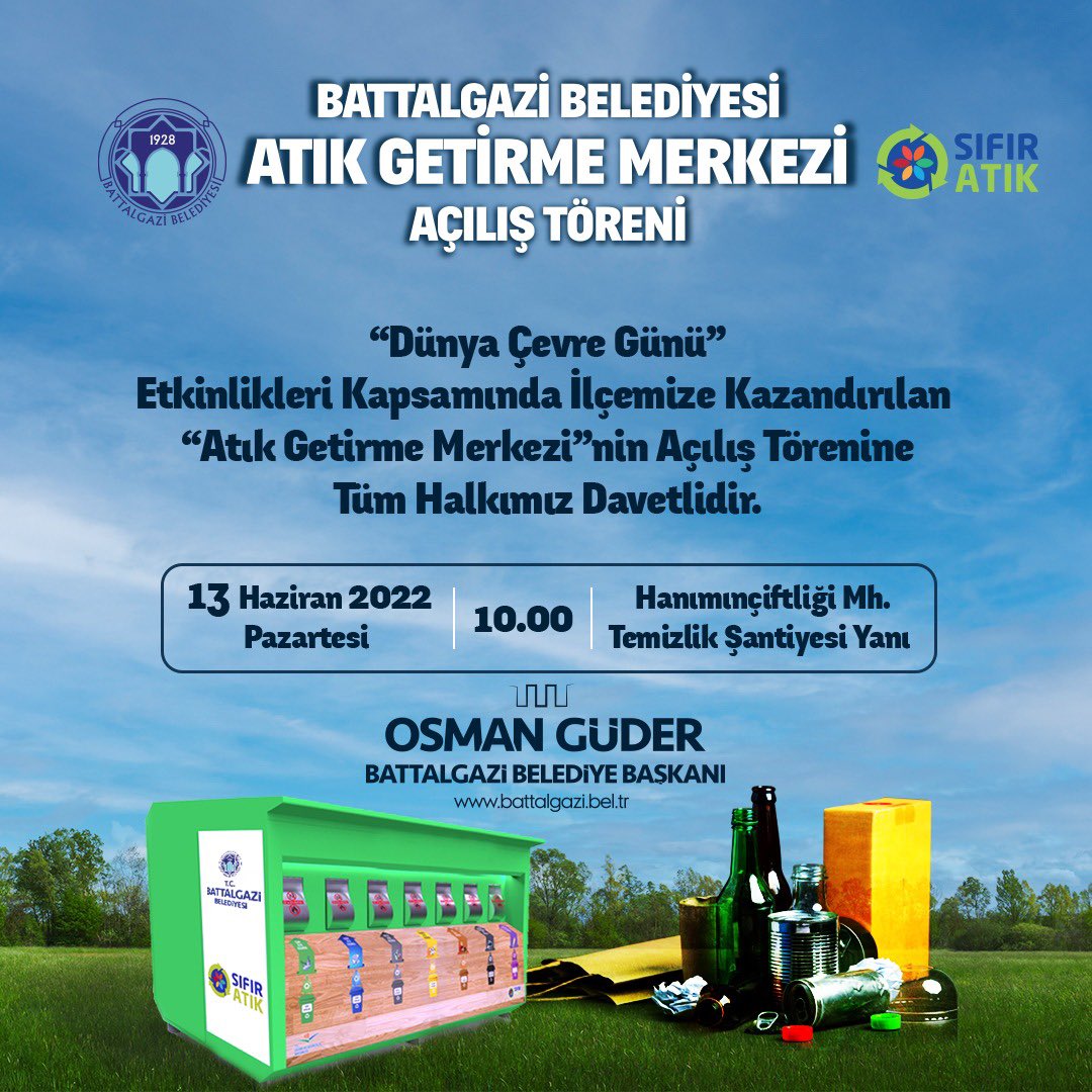 Yeşil bir gelecek için yeşil adımlar atmak gerekir.

Dünya Çevre Günü etkinlikleri kapsamında ilçemize kazandıracağımız “Atık Getirme Merkezi” mizin açılış törenine tüm halkımız davetlidir. 

Daha yaşanabilir bir çevre için “#SıfırAtık” diyoruz. ♻️