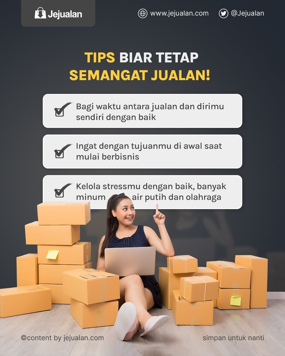 Jejualan's tweet photo. Kamu merasa nggak semangat jualan? 

Coba deh pelajari cara ini, siapa tahu kamu jadi makin semangat jualannya! 

#JualanPakaiJejualan #KancaJejualan #Marketing #Bisnis #Jejualan #TipsBisnis #NgobrolBisnis #CaraJualan #TokoOnline #jualanonline #Bisniskecil https://t.co/m2YYQVsEKg