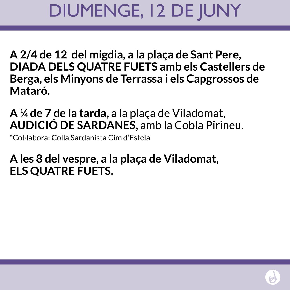 lapatum's tweet photo. Aquest diumenge, 12 de juny, continuen els actes previs de La Patum amb la celebració d’una diada castellera que comptarà amb les colles dels Castellers de Berga, els Minyons de Terrassa i els Capgrossos de Mataró, una audició de sardanes amb la Cobla Pirineu i els Quatre Fuets! https://t.co/1q434HTCHS